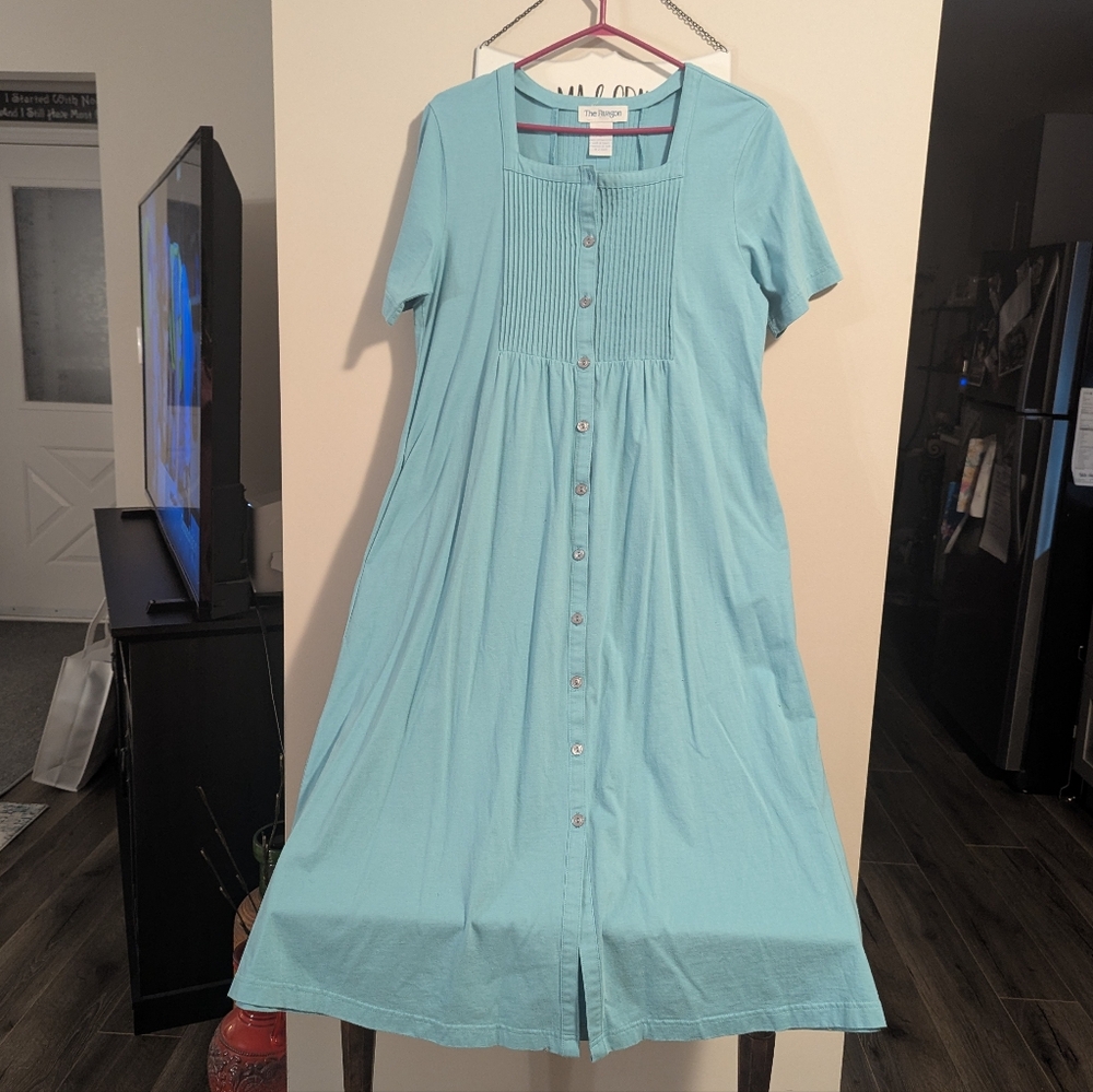 The Paragon. Teal blue Button-Down Cotton Dress Dress With Pintucks. Large. EUC.